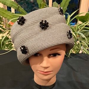 Elegant Metallic Women's Hat with Black Crystal Floral Embellishments